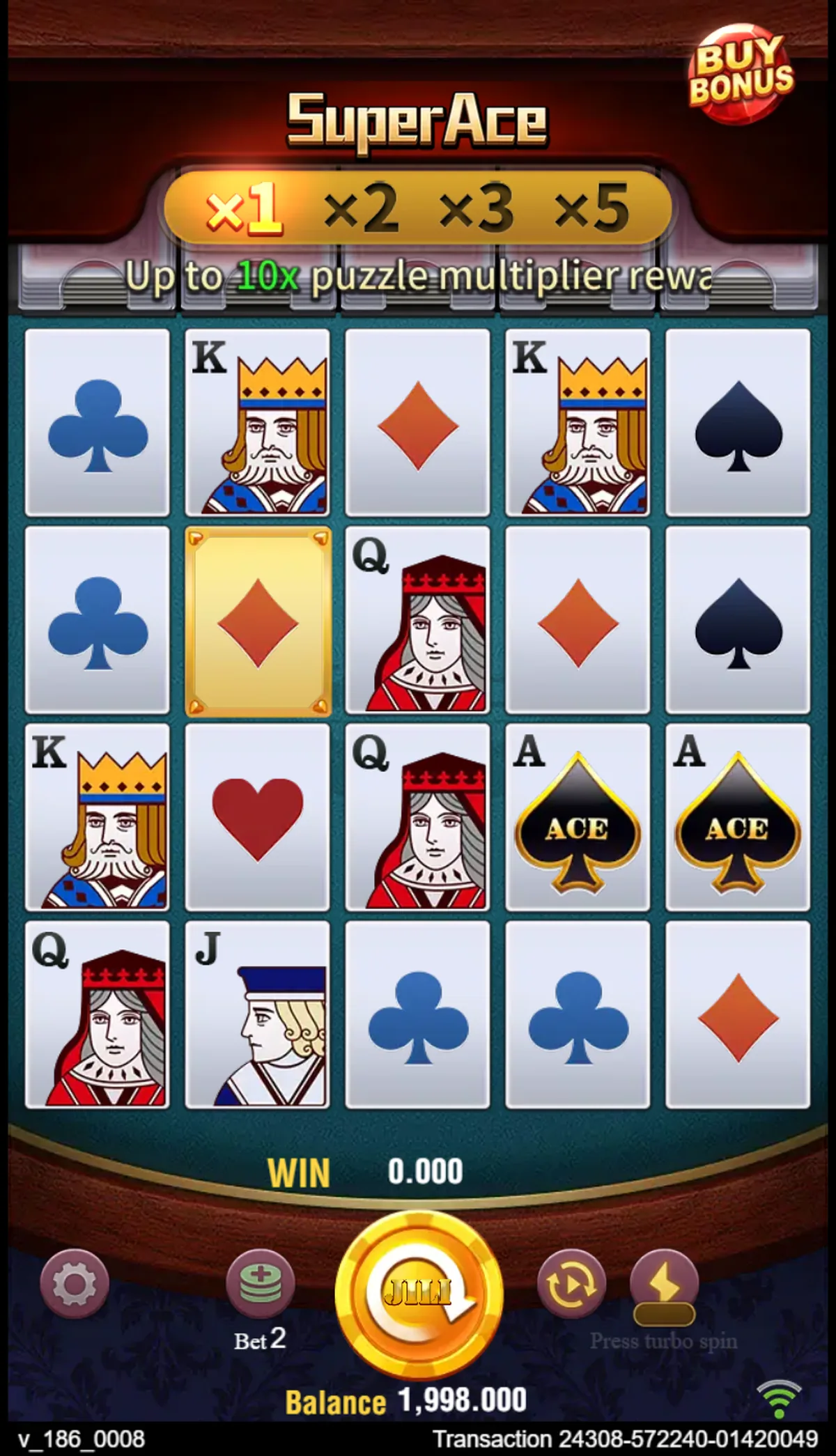 The Super Ace demo board: a five by four grid of playing cards, a multiplier row reading times one, times two, times three, times five, a Buy Bonus badge, and a build string in the corner.