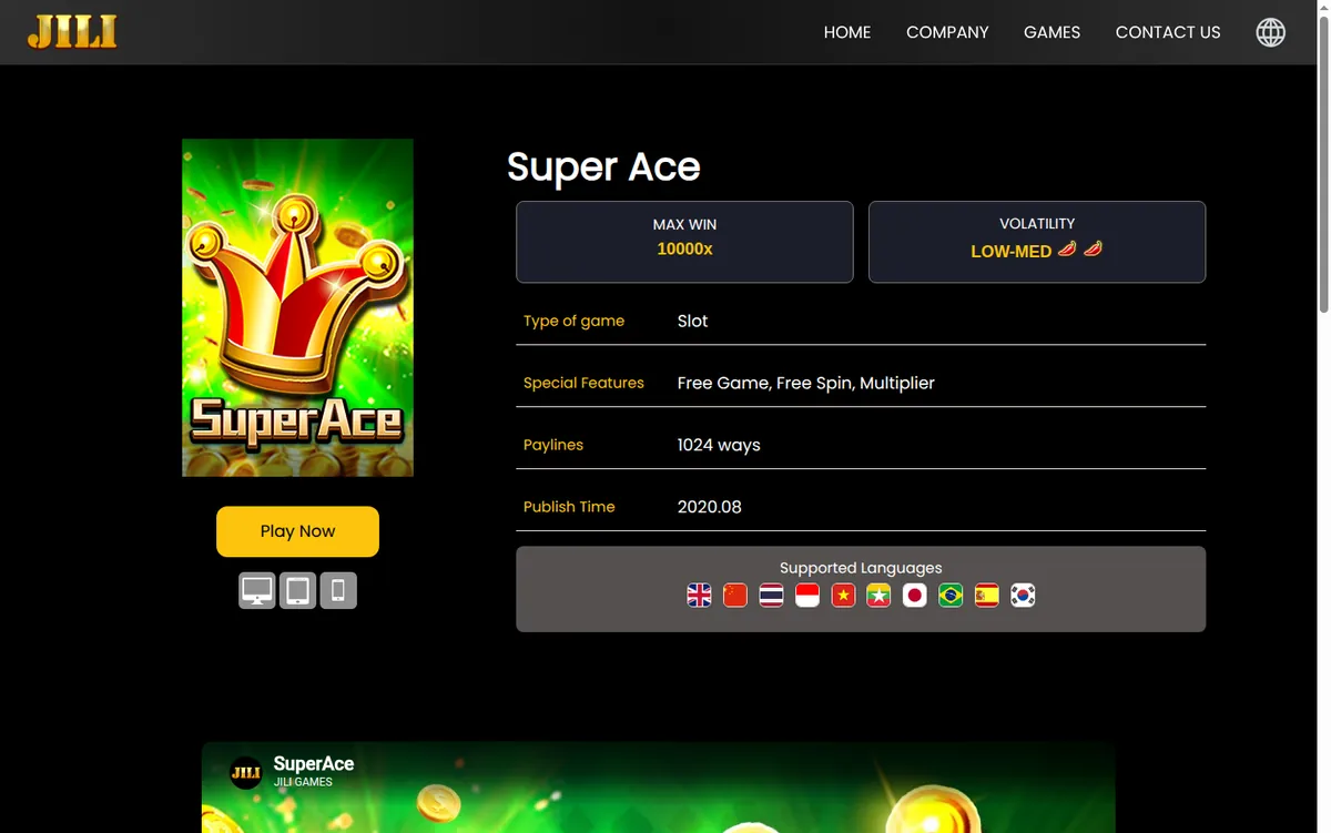 JILI's own catalogue entry for Super Ace, printing max win 10000x, volatility LOW-MED, 1024 ways and publish time 2020.08.